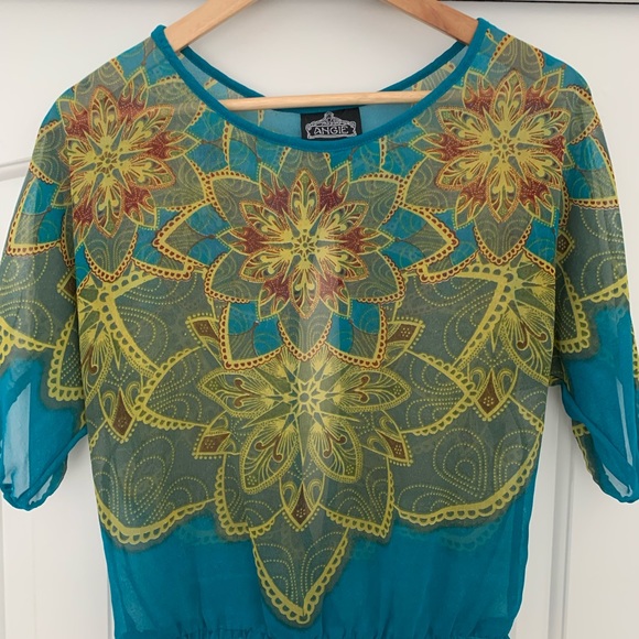 Angie Blue/Teal Print Top with Cutout Back - Picture 2 of 4